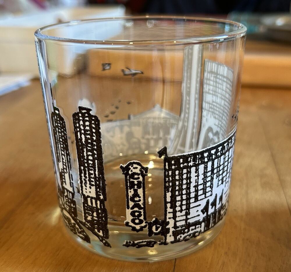 Vintage Pair of Chicago Skyline Rocks Glasses Whiskey Tumblers Black And White
